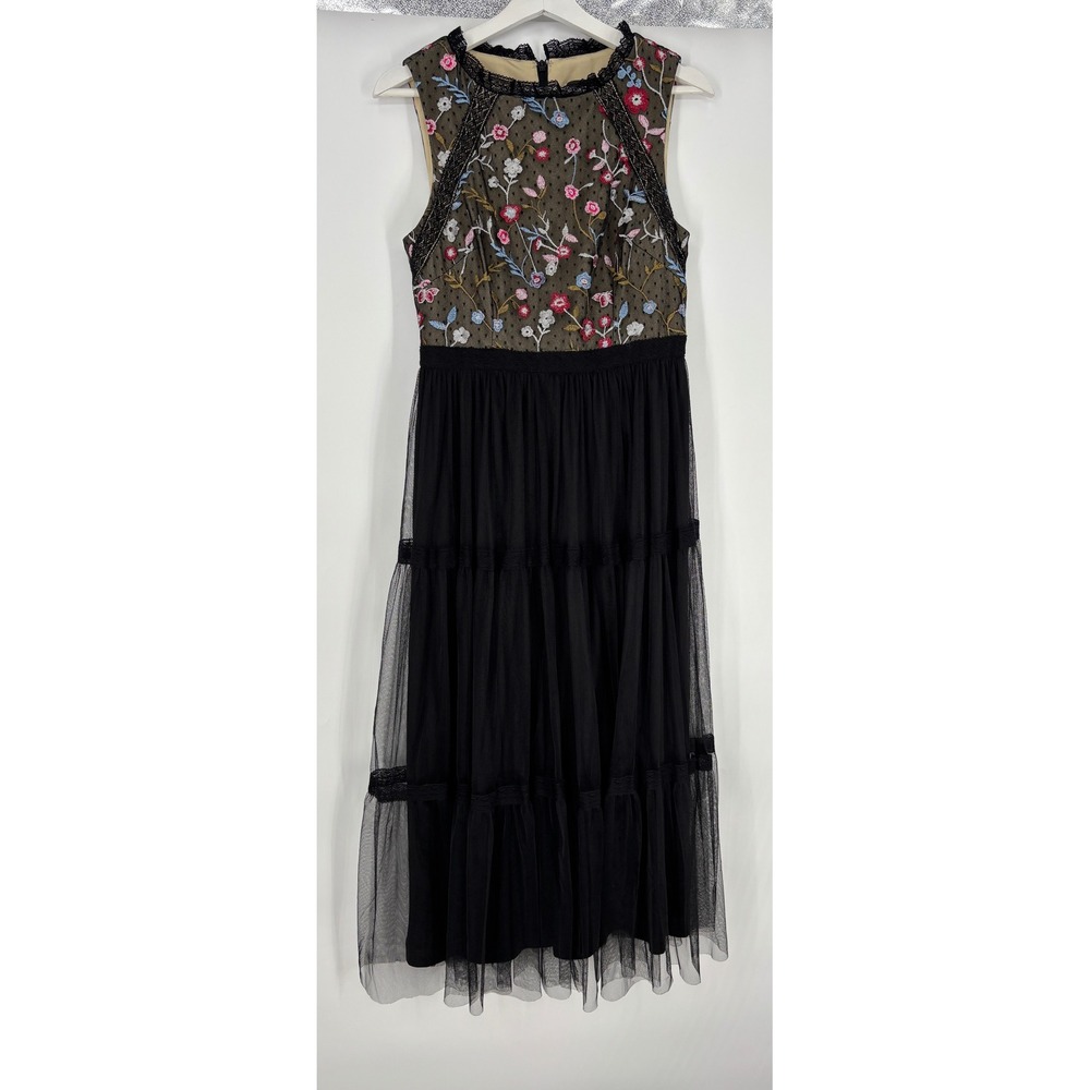 Adrianna Papell Floral Embroidered Tulle Midi Dress Tiered Lace Trim Size 8